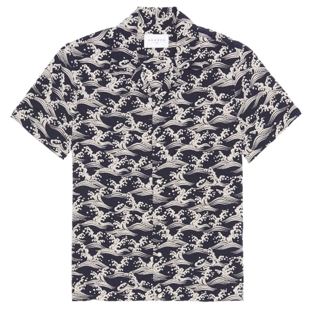Sandro Paris Waves Camp Shirt Men’s Size M Navy & White Short Sleeve Button-Up